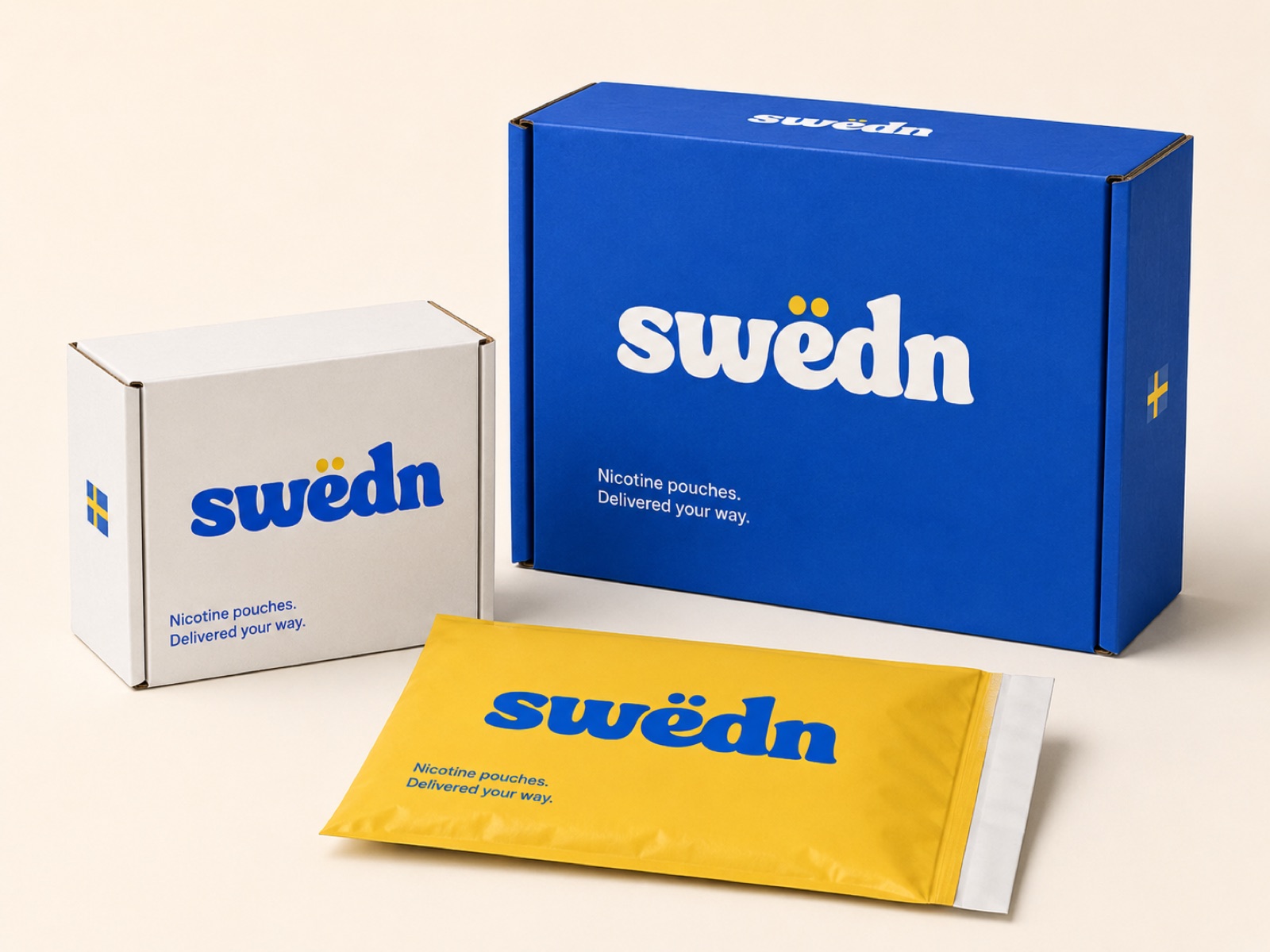 Swëdn delivery packaging: a large blue mailer box, a white carton, and a yellow poly mailer, each printed with the swëdn wordmark and the line 'Nicotine pouches. Delivered your way.'