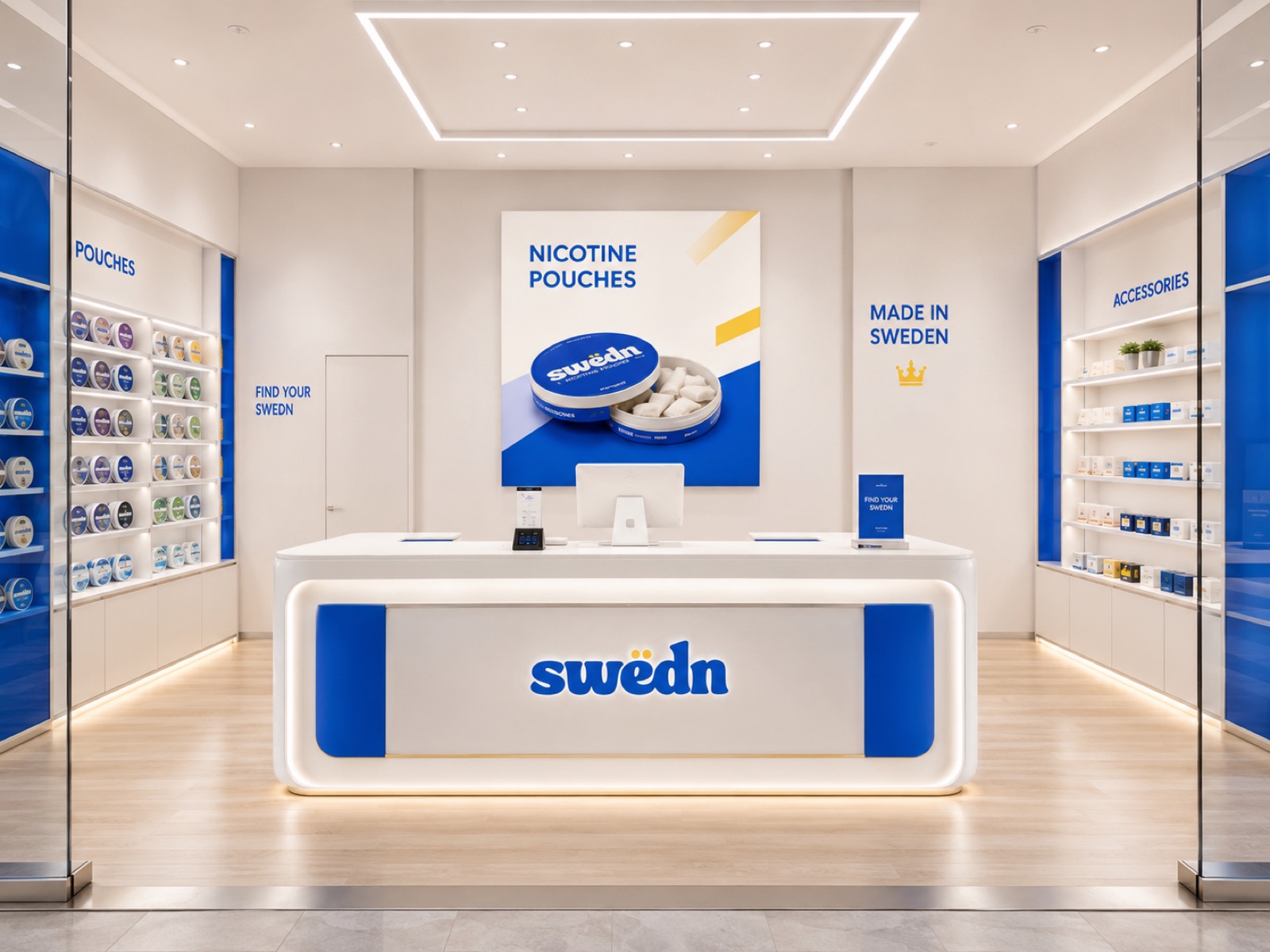 Swëdn store interior: a white illuminated counter with the swëdn wordmark, blue display bays of nicotine pouch tins on both walls, and wall signage in brand blue.