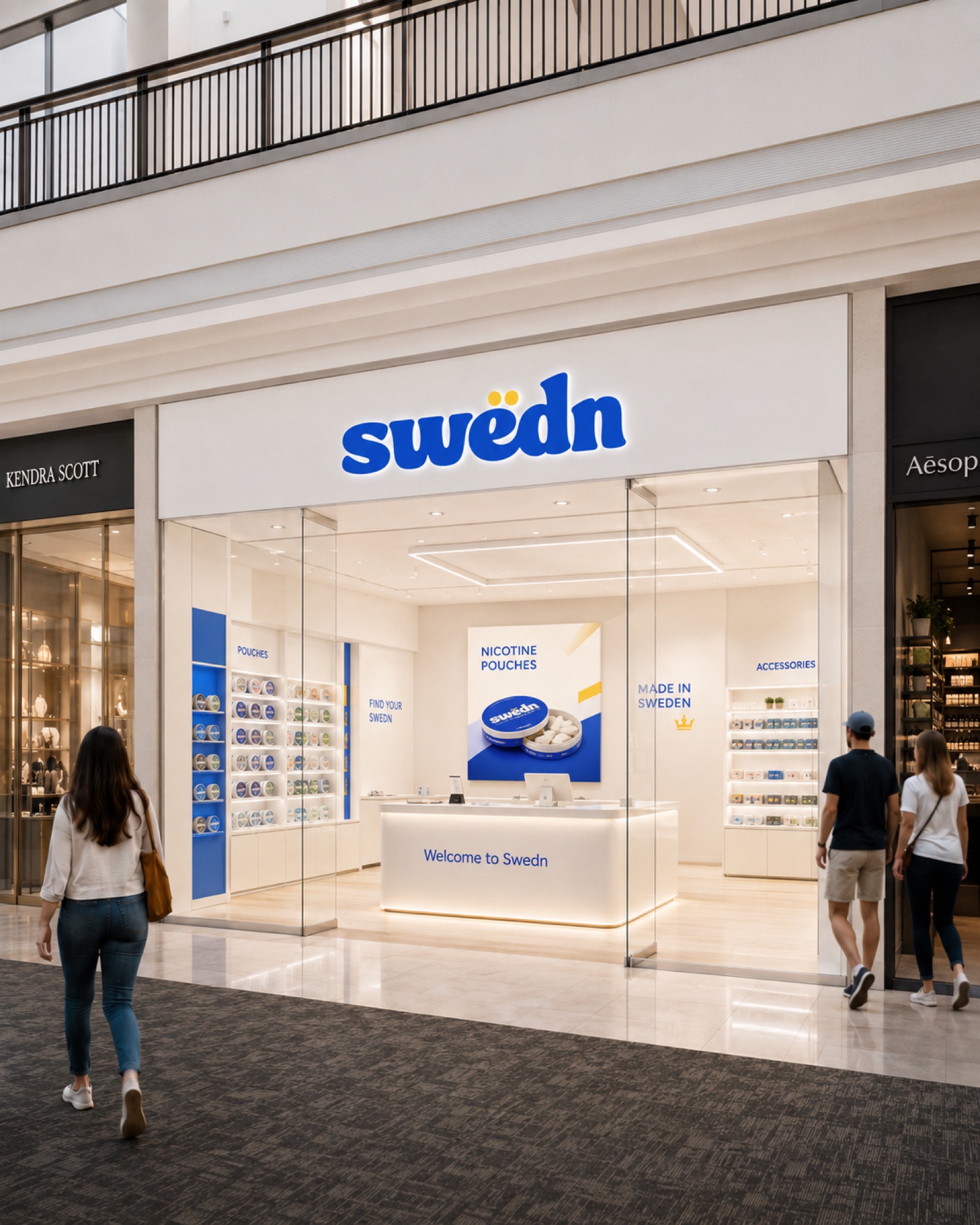 Swëdn mall storefront: illuminated blue swëdn sign on a white fascia above a glass front, with blue display bays and an illuminated white counter inside.